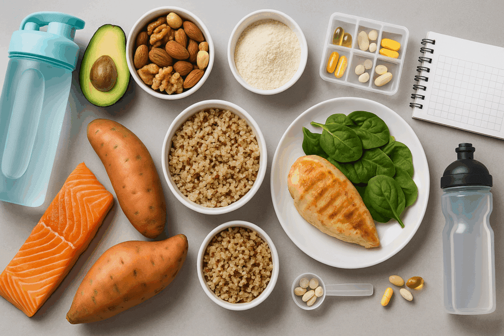 Flat lay of lean proteins, complex carbs, healthy fats, and supplements organized to support an 8 week weight training program.